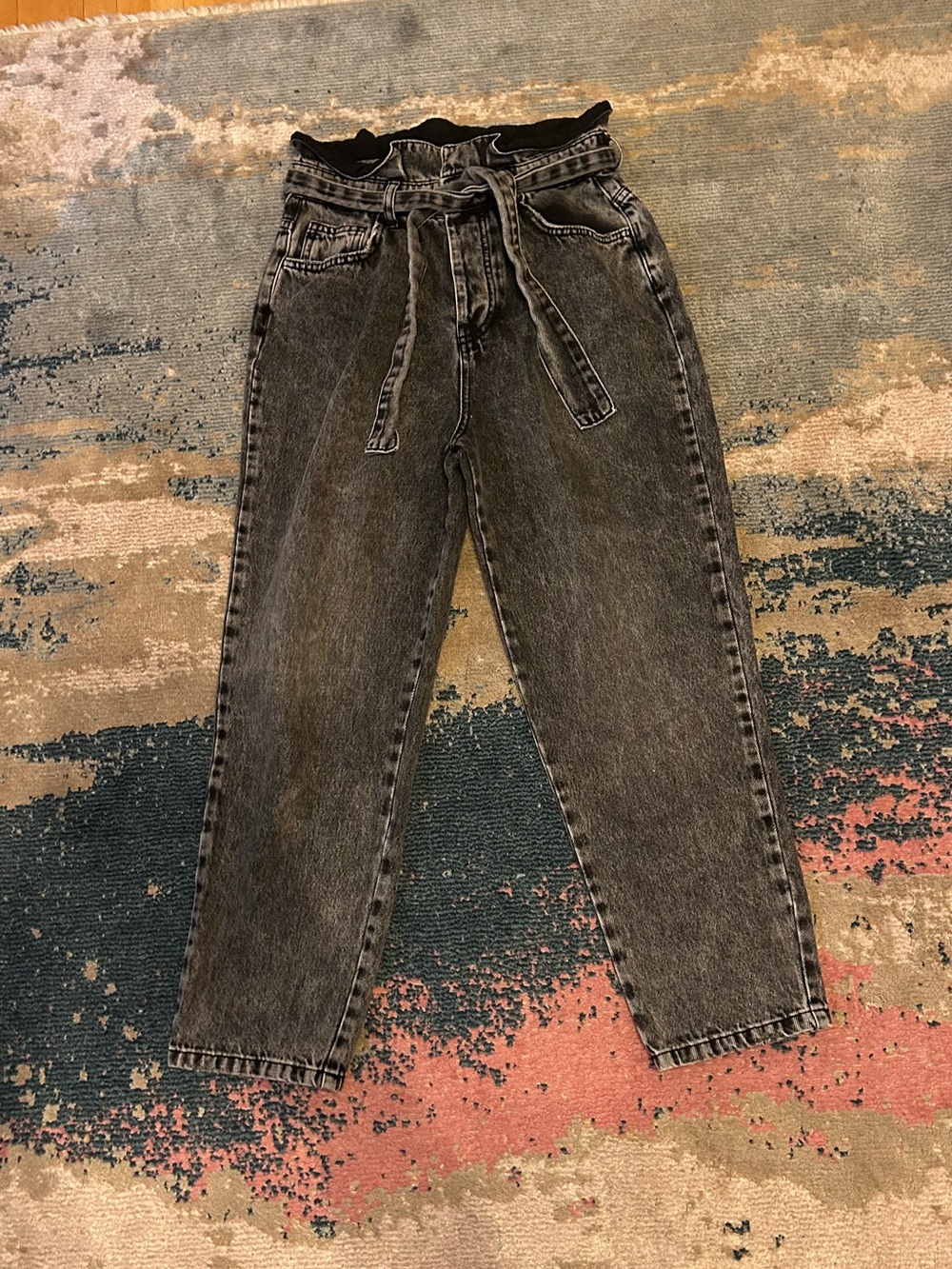 We The Free Washed Black Paperbag Waist Tie-Belt Jeans